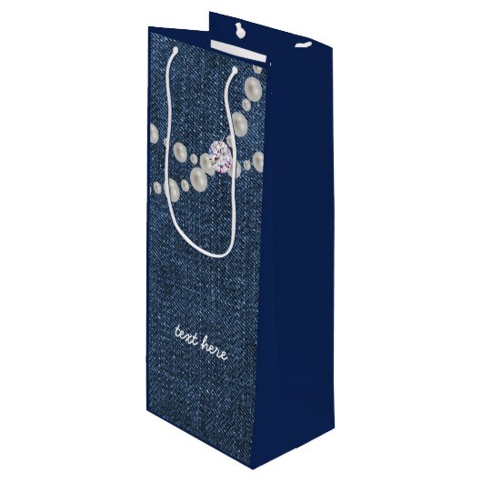 デニムバッグ，ブルーデニム誕生日パーティー抱き枕 ワインギフトバッグ (正面アングル)