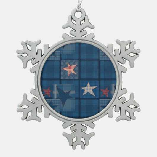 デニムパッチワーク スノーフレークピューターオーナメント (正面)