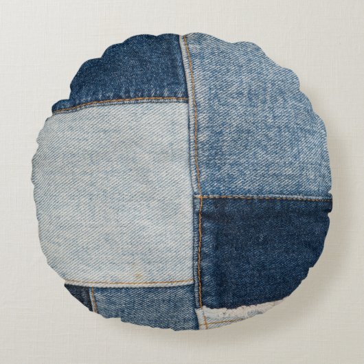デニムパッチワーク：ヴィンテージテキスタイル ラウンドクッション (正面)