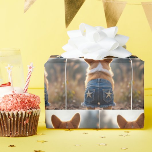 デニムパンツを履いたコルギドッグ ラッピングペーパー (誕生日パーティー)