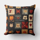 デニムフォークアートキルトパターン | 秋素朴のパッチ クッション (正面)