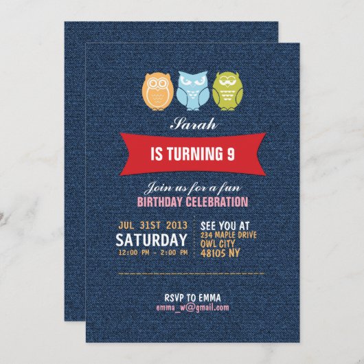 デニムフクロウ漫画誕生日招待状 子供へ 招待状 (正面/裏面)