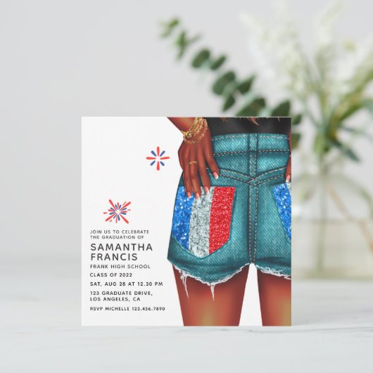 デニムフランスのガール卒業パーティー招待状 招待状 (スタンド正面)
