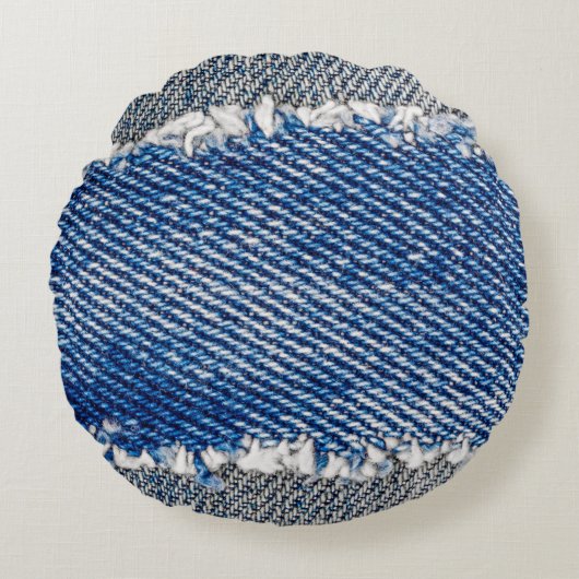 デニムフレーム。縁のある裂け目のデニム生地 ラウンドクッション (正面)