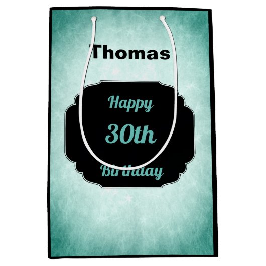 デニムブルーとブラック30歳の誕生日 ミディアムペーパーバッグ (正面)