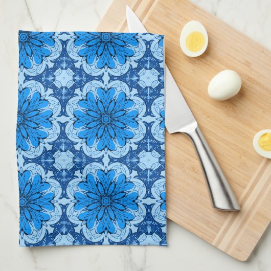 デニムブルーの濃淡の幾何学的な花のパターン キッチンタオル (四つ折り)
