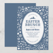 デニムブルーの花柄のイースターブランシュ 招待状 (正面/裏面)
