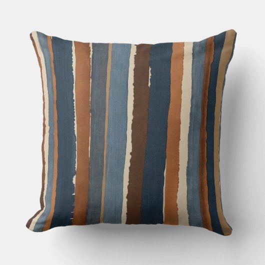 デニムブルーの銅と茶色のストライプ クッション (正面)