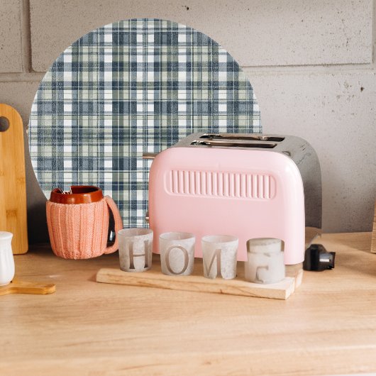 デニムブルーセージ緑のホワイトプレイドラウンド カッティングボード