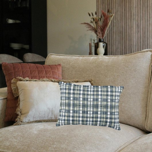 デニムブルーセージ緑のホワイトプレイドランバー アクセントクッション