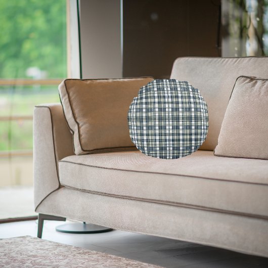 デニムブルーセージ緑の白のパターン ラウンドクッション