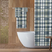 デニムブルーセージ緑ホワイトプレイド シャワーカーテン