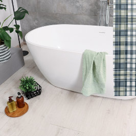 デニムブルーセージ緑ホワイトプレイド シャワーカーテン