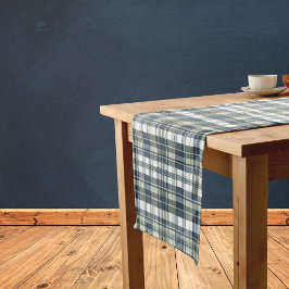 デニムブルーセージ緑ホワイトプレイド ショートテーブルランナー