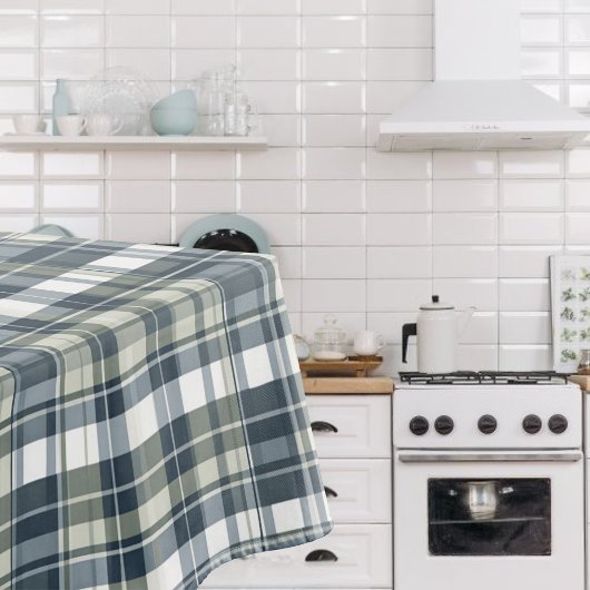 デニムブルーセージ緑ホワイトプレイド テーブルクロス