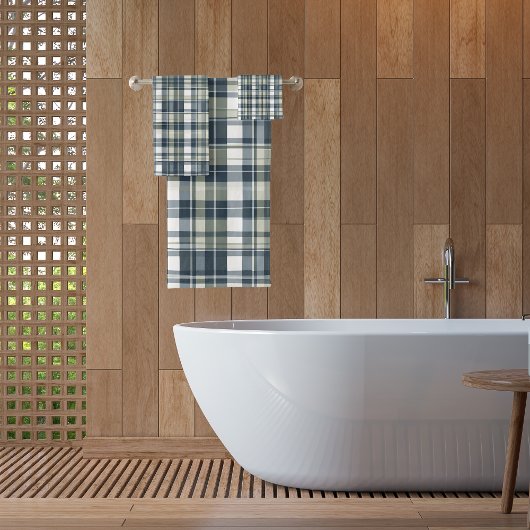 デニムブルーセージ緑ホワイトプレイド バスタオルセット