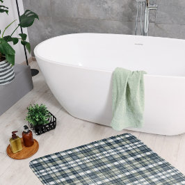 デニムブルーセージ緑ホワイトプレイド バスマット