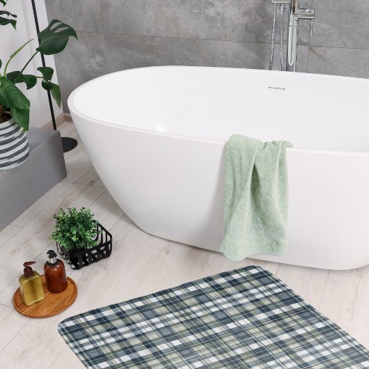 デニムブルーセージ緑ホワイトプレイド バスマット