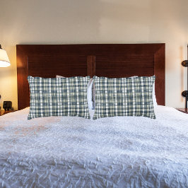 デニムブルーセージ緑ホワイトプレイド 枕カバー