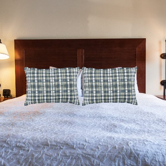 デニムブルーセージ緑ホワイトプレイド 枕カバー