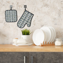 デニムブルーセージ緑ホワイトプレイド 鍋つかみ&鍋敷きセット