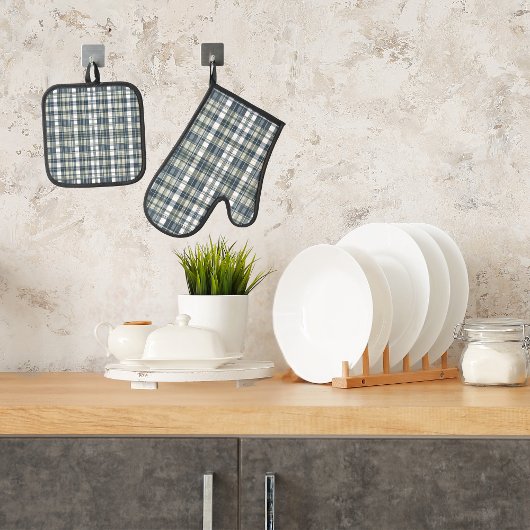 デニムブルーセージ緑ホワイトプレイド 鍋つかみ&鍋敷きセット