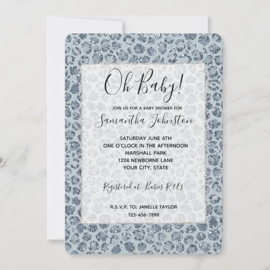 デニムブルーレオパードプリントグリッター 招待状 (正面)