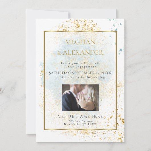 デニムブルー水彩婚約フォトフレーム 招待状 (正面)