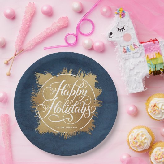デニムブルー金ゴールドホイルフェイクホリデイ ペーパープレート (パーティー)