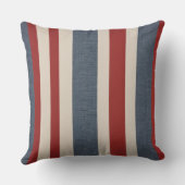 デニムブルー，赤とヴィンテージ白ストライプ色 クッション (裏面)