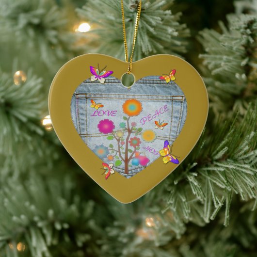 デニムポケットハート花蝶 セラミックオーナメント (ツリー)