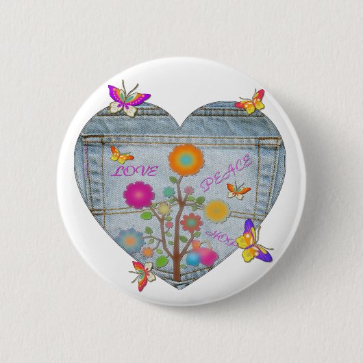 デニムポケットハート花蝶 缶バッジ (正面)