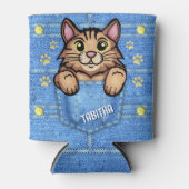 デニムポケットフェイク入りブラウンキャット名前をカスタムする 缶クーラー (正面)