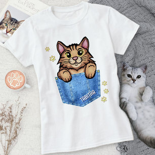 デニムポケットフェイク入りブラウンキャット名前をカスタムする Tシャツ