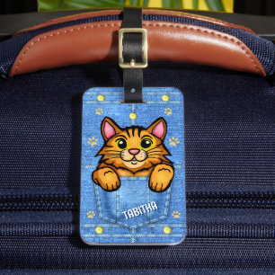 デニムポケフェイクットにオレンジ猫名前をカスタムする ラゲッジタグ