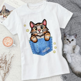 デニムポケフェイクットのCalico Cat名前をカスタムする Tシャツ