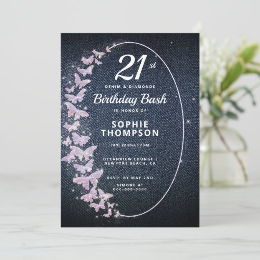 デニムモダンダイヤモンドピンクバタフライ誕生日パーティー 招待状 (スタンド正面)