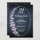 デニムモダンダイヤモンドピンクバタフライ誕生日パーティー 招待状 (正面/裏面)