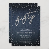 デニムモダンダイヤモンド書道50誕生日 招待状 (正面/裏面)