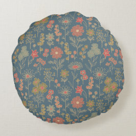 デニムモダンブルー&コーラルフローラ ラウンドクッション