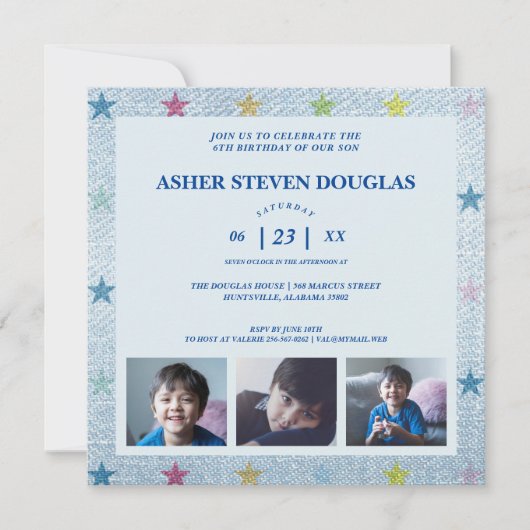 デニムユニセックススターズ3枚の写真チャイルド誕生日 招待状 (正面)