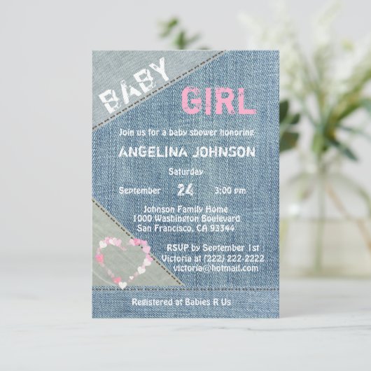 デニムユニークガールズベビーシャワー招待状 招待状 (スタンド正面)