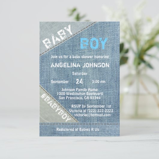 デニムユニークジーンズボーイベビーシャワー招待状 招待状 (スタンド正面)