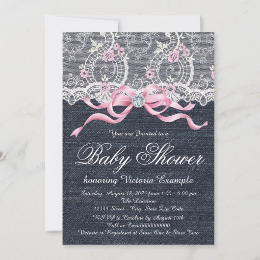 デニムレースダイヤモンドボウベビーシャワー 招待状 (正面)