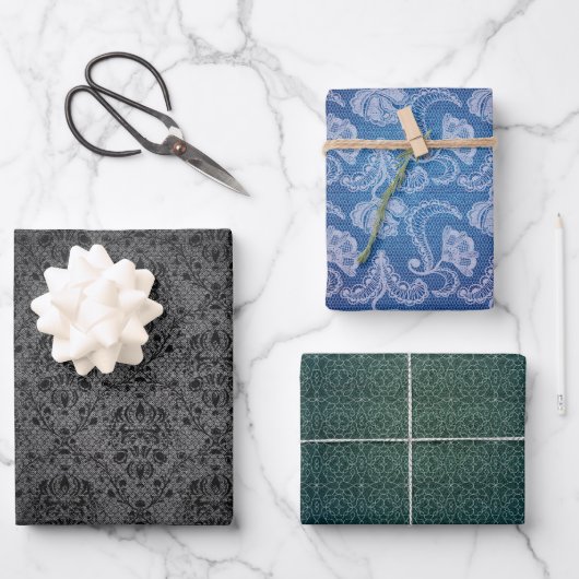 デニムレースファッションデザイナーテクスチャ ラッピングペーパーシート (正面)