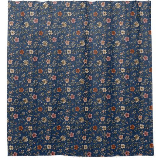 デニム地に刺繍の野の花 シャワーカーテン (正面)