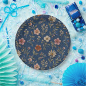 デニム地に刺繍の野の花 ペーパープレート (パーティー)
