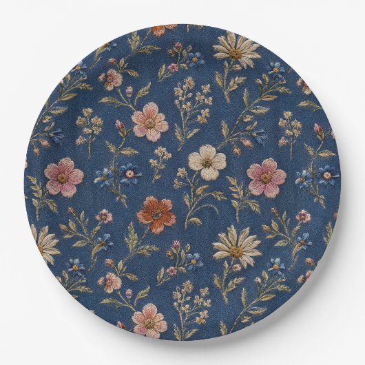 デニム地に刺繍の野の花 ペーパープレート (正面)