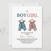 デニム少年または女の子ピンクと青ジーン性別リビール 招待状 (正面)