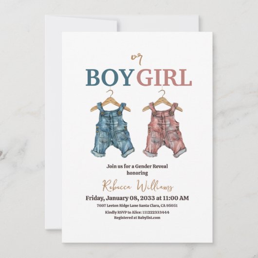デニム少年または女の子ピンクと青ジーン性別リビール 招待状 (正面)
